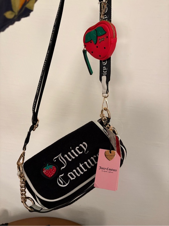 Juicy Couture Handbags - Juicy Couture Black & White Crossbody Bag with Red Strawberry Charm